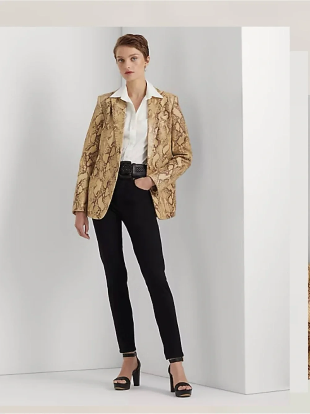 Authentic Lauren Ralph Lauren Python-Embossed Leather Neutral Snake-Print Blazer - Picture 10 of 15